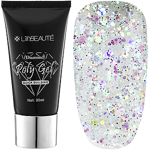 Полігель Diamond Poly Gel Lilly Beaute 30 г, No01 голограмні блискітки