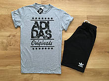 Чоловічий комплект футболка + шорти Adidas сірого і чорного кольору (люкс )