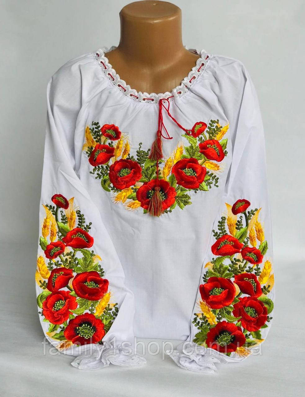 Вишита блузка на дівчинку з гарним квітковим орнаментом "Макі з лосками", р.110-146.