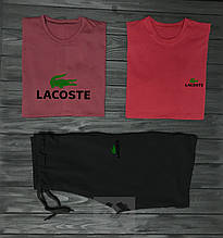 Чоловічий комплект дві футболки + шорти Lacoste червоного і чорного кольору (люкс )