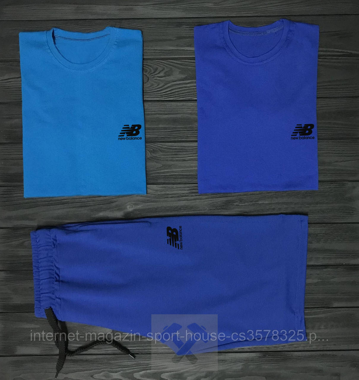 Чоловічий комплект дві футболки + шорти New Balance синього кольору (люкс )