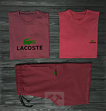 Чоловічий комплект дві футболки + шорти Lacoste червоного кольору (люкс )
