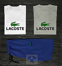 Чоловічий комплект дві футболки + шорти Lacoste синього, сірого і білого кольору (люкс )