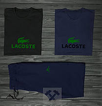 Чоловічий комплект дві футболки + шорти Lacoste синього і чорного кольору (люкс )
