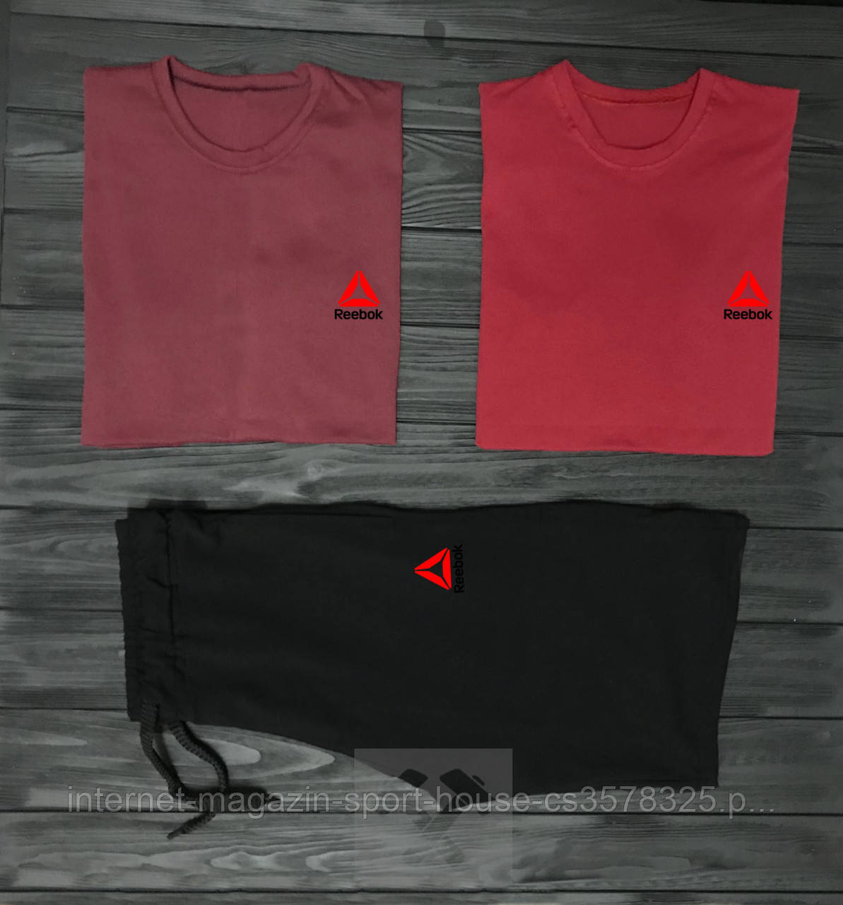 Чоловічий комплект дві футболки + шорти Reebok червоного і чорного кольору (люкс )