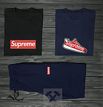 Чоловічий комплект дві футболки + шорти Supreme чорного і синього кольору (люкс )