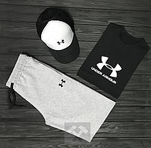 Чоловічий комплект футболка, кепка і шорти Under Armour чорного, білого і сірого кольору (люкс )