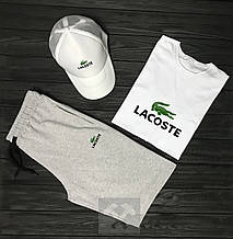 Чоловічий комплект футболка, кепка і шорти Lacoste сірого і білого кольору (люкс )