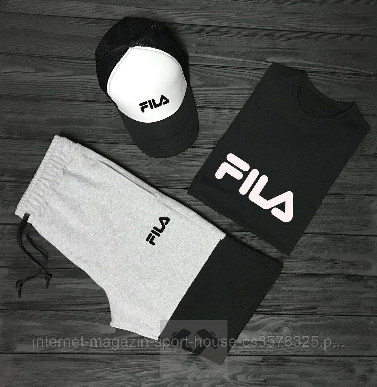 Чоловічий комплект футболка, кепка і шорти Fila сірого і чорного кольору (люкс )