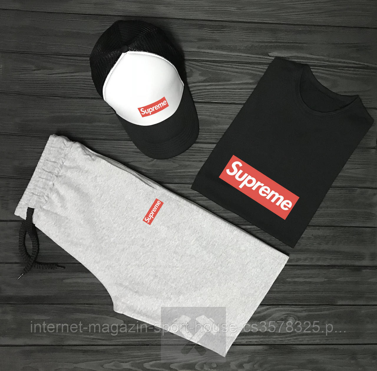 Чоловічий комплект футболка, кепка і шорти Supreme сірого і чорного кольору (люкс )
