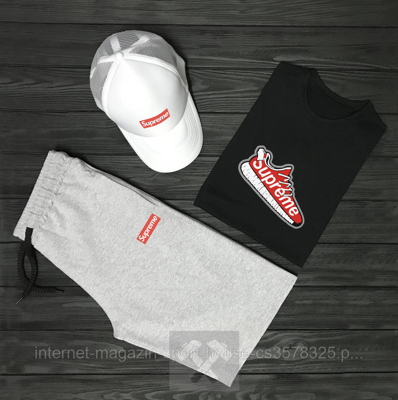 Чоловічий комплект футболка, кепка і шорти Supreme сірого і чорного кольору (люкс )