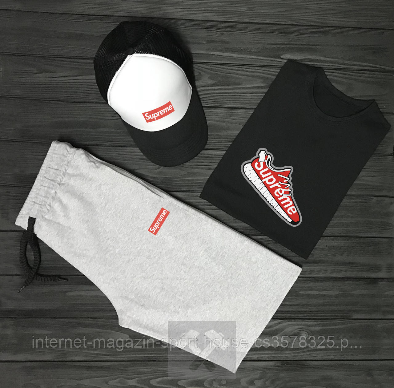 Чоловічий комплект футболка, кепка і шорти Supreme сірого і чорного кольору (люкс )