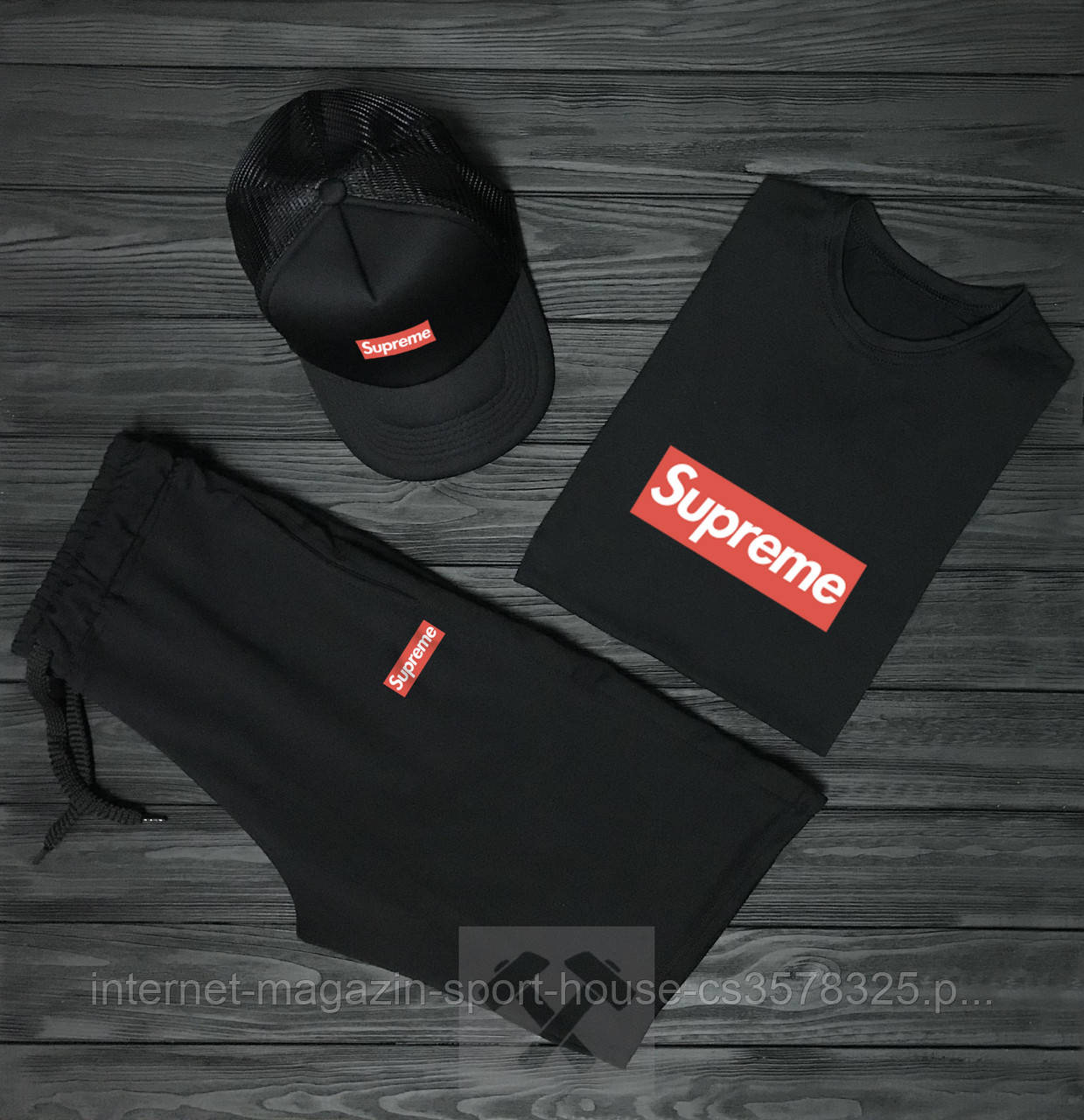 Чоловічий комплект футболка, кепка і шорти Supreme чорного кольору (люкс )