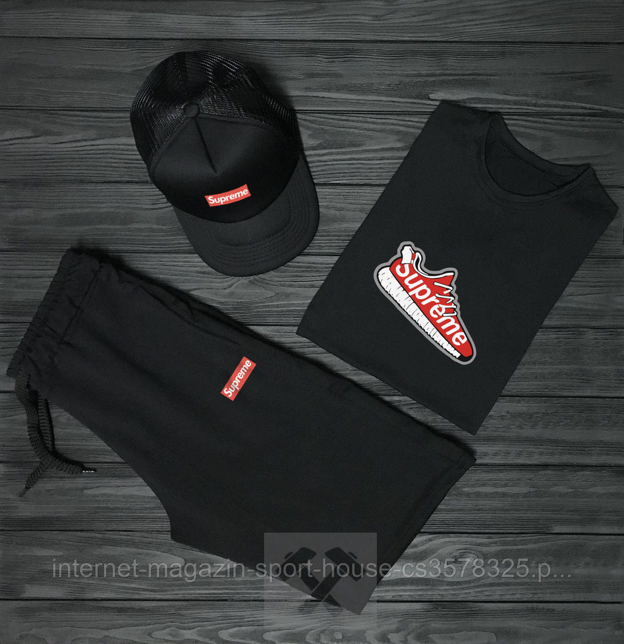 Чоловічий комплект футболка, кепка і шорти Supreme чорного кольору (люкс )