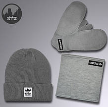 Чоловічий комплект шапка + бафф + рукавички Adidas сірого кольору (люкс )