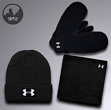 Чоловічий комплект шапка + бафф + рукавички Under Armour чорного кольору (люкс )