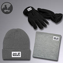 Чоловічий комплект трійка шапка бафф і рукавички Джек Вольфскин (Jack Wolfskin), зимовий теплий чоловічий