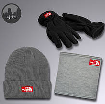 Чоловічий комплект шапка + бафф + рукавички The North Face сірого кольору (люкс )