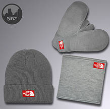 Чоловічий комплект шапка + бафф + рукавички The North Face сірого кольору (люкс )