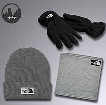Чоловічий комплект трійка шапка бафф і рукавички Зе Норс Фейс (The North Face), зимовий теплий чоловічий