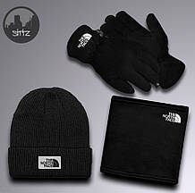 Чоловічий комплект шапка + бафф + рукавички The North Face чорного кольору (люкс )