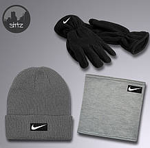 Чоловічий комплект шапка + бафф + рукавички Nike сірого кольору (люкс )