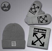 Чоловічий комплект шапка + бафф + рукавички Off White сірого кольору (люкс )