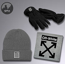 Чоловічий комплект шапка + бафф + рукавички Off White сірого кольору (люкс )