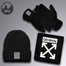Чоловічий комплект шапка + бафф + рукавички Off White чорного кольору (люкс )