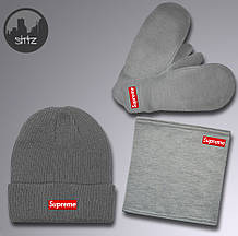 Чоловічий комплект шапка + бафф + рукавички Supreme сірого кольору (люкс )