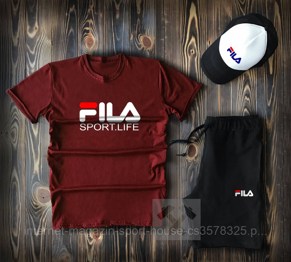 Чоловічий комплект футболка, кепка і шорти Fila бордового і чорного кольору (люкс )
