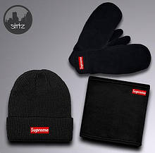 Чоловічий комплект шапка + бафф + рукавички Supreme чорного кольору (люкс )