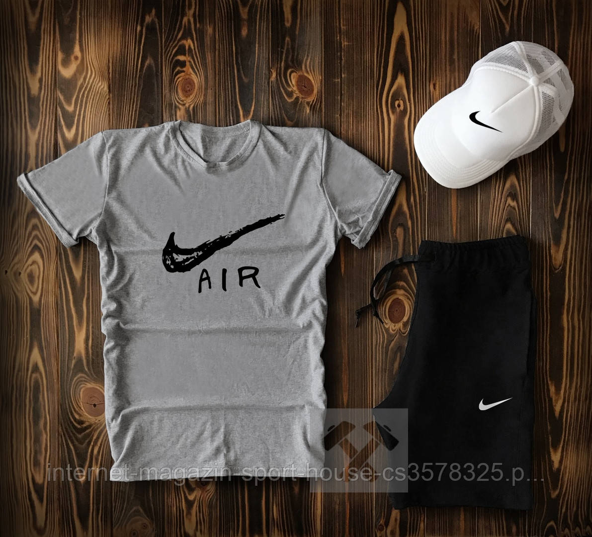 Чоловічий комплект футболка, кепка і шорти Nike чорного і сірого кольору (люкс )