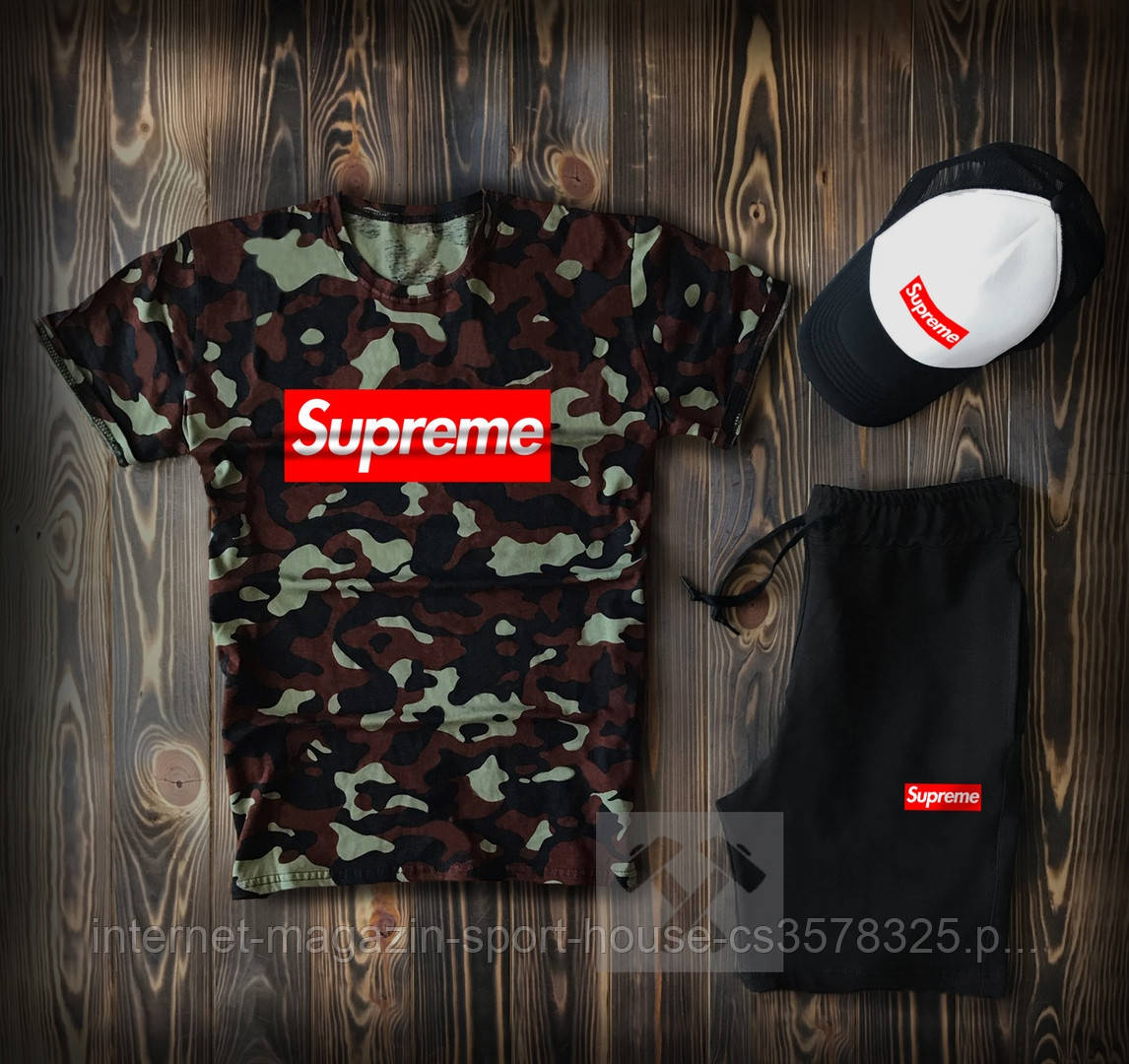 Чоловічий комплект футболка, кепка і шорти Supreme камуфляжного і чорного кольору (люкс )