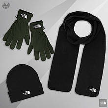 Чоловічий комплект шапка + шарф + рукавички The North Face чорного і зеленого кольору (люкс )