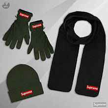 Чоловічий комплект шапка + шарф + рукавички Supreme чорного і зеленого кольору (люкс )