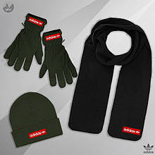 Чоловічий комплект шапка + шарф + рукавички Adidas чорного і зеленого кольору (люкс )