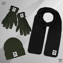 Чоловічий комплект шапка + шарф + рукавички Adidas чорного і зеленого кольору (люкс )