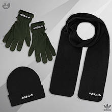 Чоловічий комплект шапка + шарф + рукавички Adidas чорного і зеленого кольору (люкс )