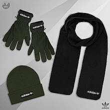 Чоловічий комплект шапка + шарф + рукавички Adidas чорного і зеленого кольору (люкс )