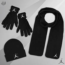 Чоловічий комплект шапка + шарф + рукавички Jordan чорного кольору (люкс )