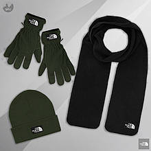 Чоловічий комплект шапка + шарф + рукавички The North Face чорного і зеленого кольору (люкс )