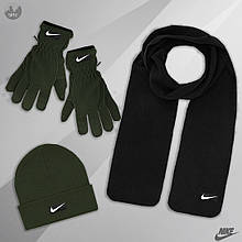 Чоловічий комплект шапка + шарф + рукавички Nike чорного і зеленого кольору (люкс )