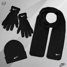 Чоловічий комплект шапка + шарф + рукавички Nike чорного кольору (люкс )