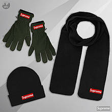 Чоловічий комплект шапка + шарф + рукавички Supreme чорного і зеленого кольору (люкс )