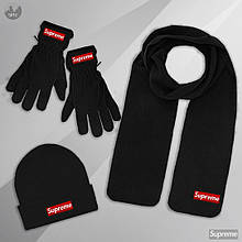 Чоловічий комплект шапка + шарф + рукавички Supreme чорного кольору (люкс )