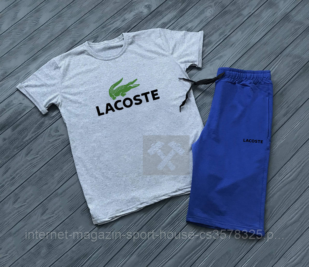 Чоловічий комплект футболка + шорти Lacoste синього і сірого кольору (люкс )