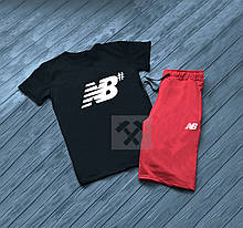 Чоловічий комплект футболка + шорти New Balance чорного і червоного кольору (люкс )