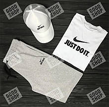 Чоловічий комплект футболка, кепка і шорти Nike сірого і білого кольору (люкс )