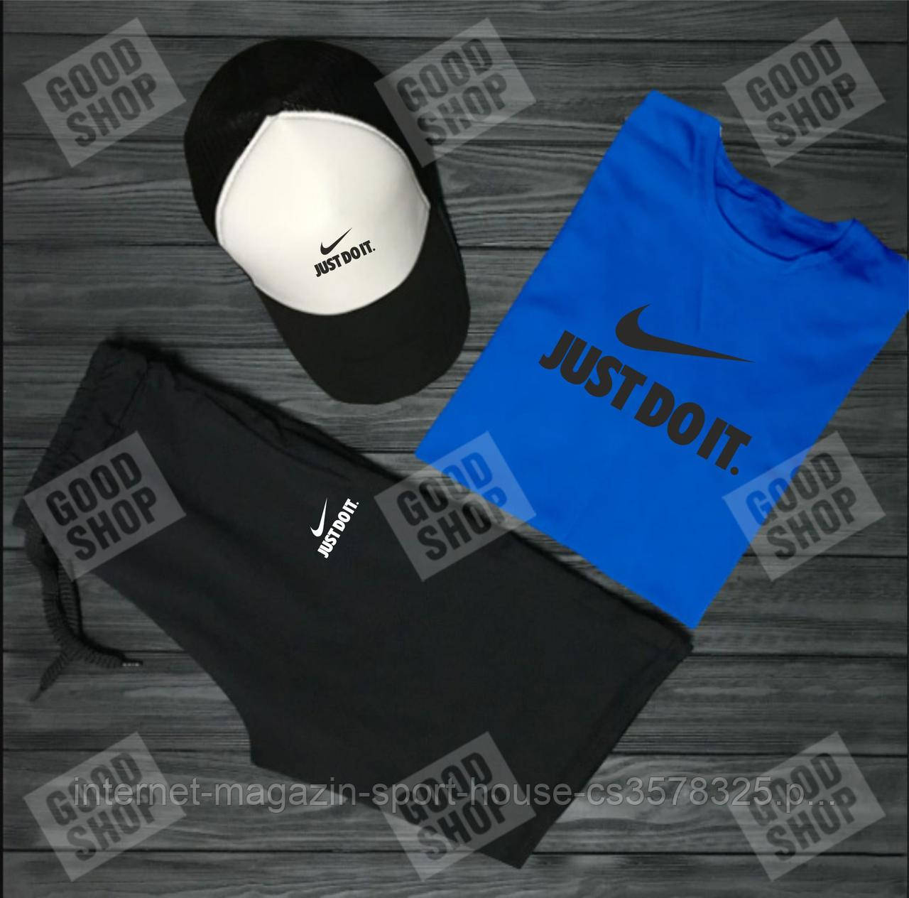 Чоловічий костюм трійка кепка футболка і шорти Найк (Nike), літній чоловічий костюм,
